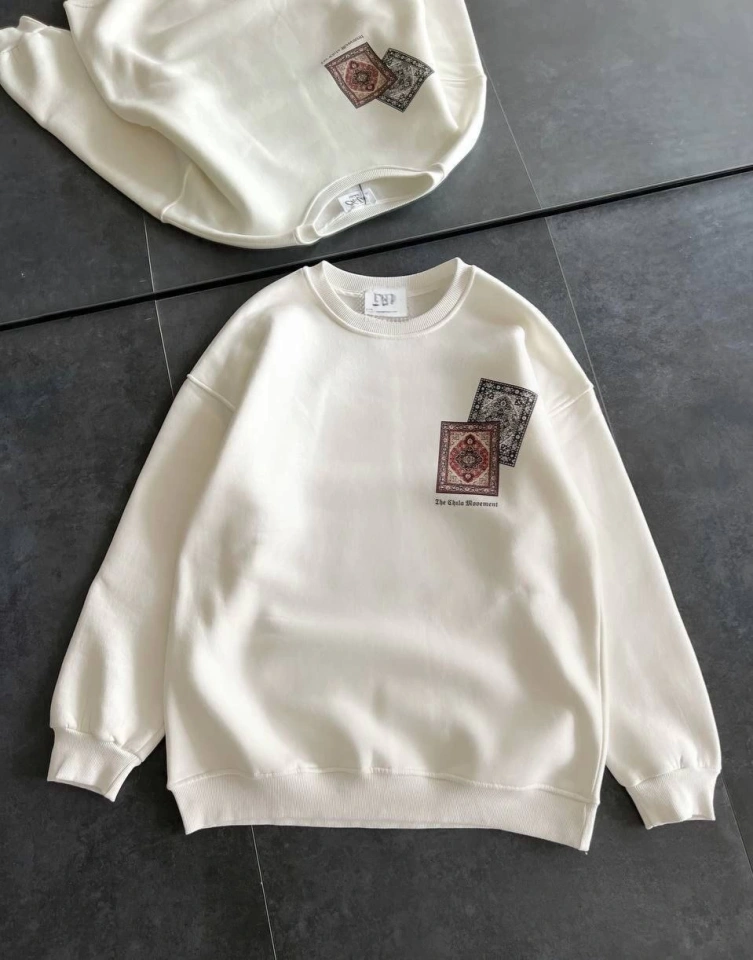 Bisiklet Yaka Üç İplik Baskılı Oversize SweatShirt - Beyaz