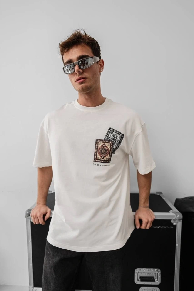Erkek Baskılı Oversize T-shirt - Beyaz
