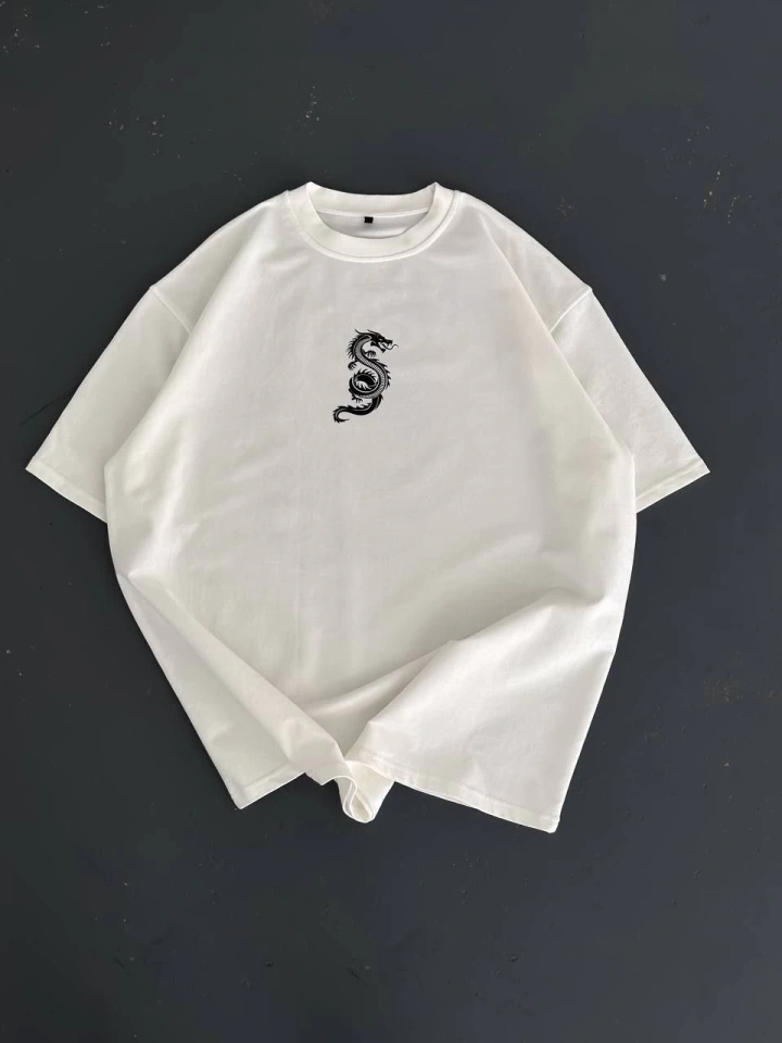 Baskılı Oversize Bisiklet Yaka T-shirt - Beyaz