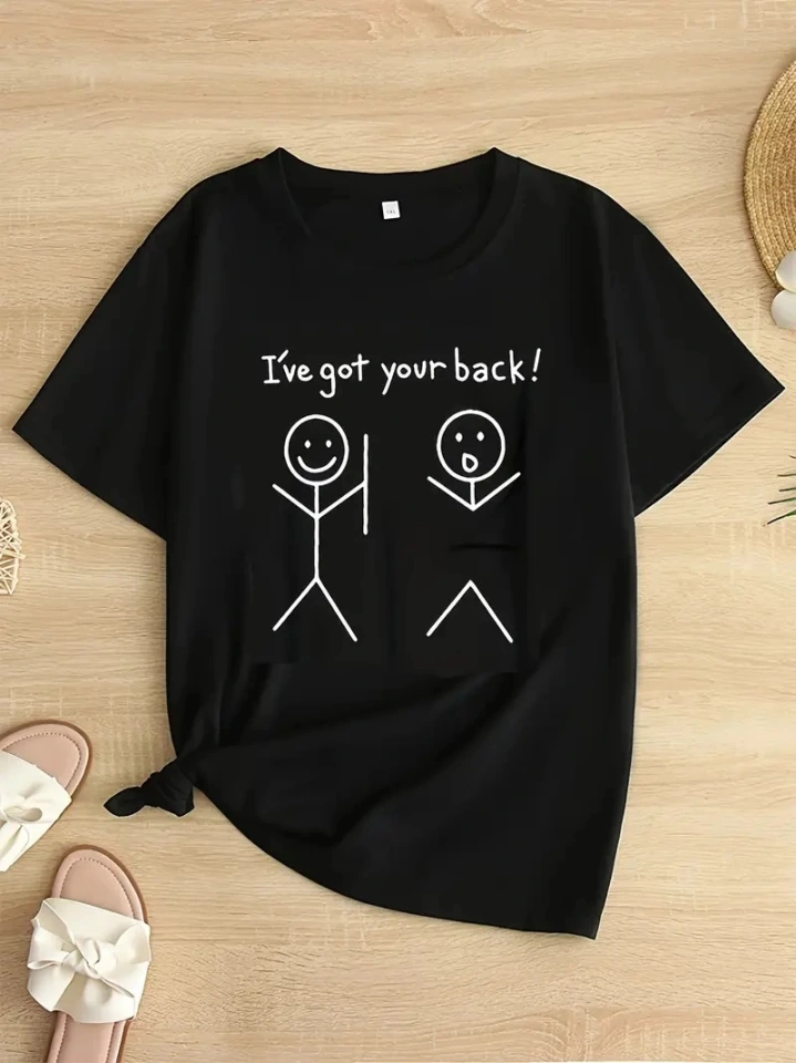 Baskılı Oversize Bisiklet Yaka T-shirt - Siyah