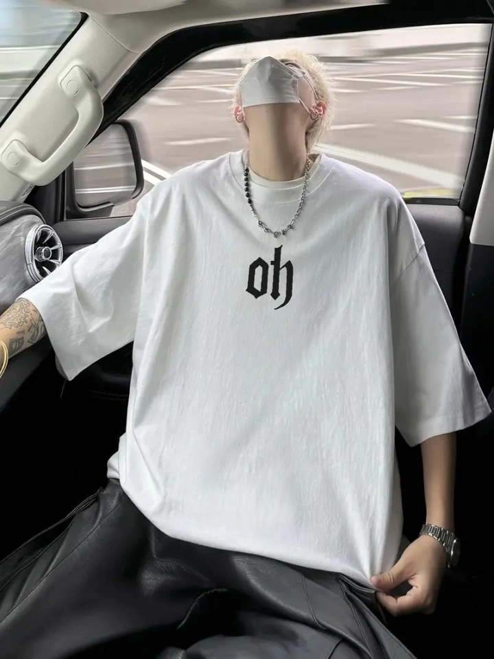 Baskılı Oversize Bisiklet Yaka T-shirt - Beyaz