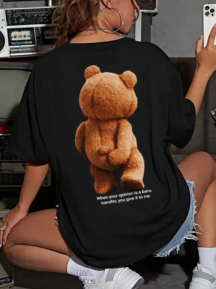 Baskılı Oversize Bisiklet Yaka T-shirt - Siyah
