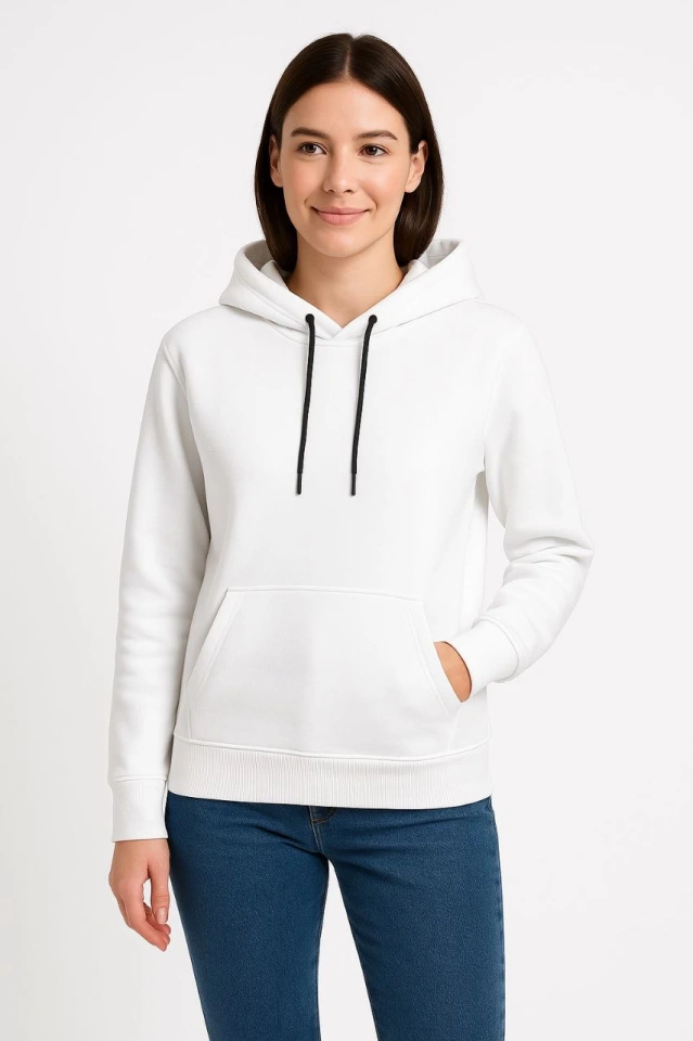 Üç İplik Kapüşonlu Kanguru Çepli SweatShirt Hoodie - Beyaz