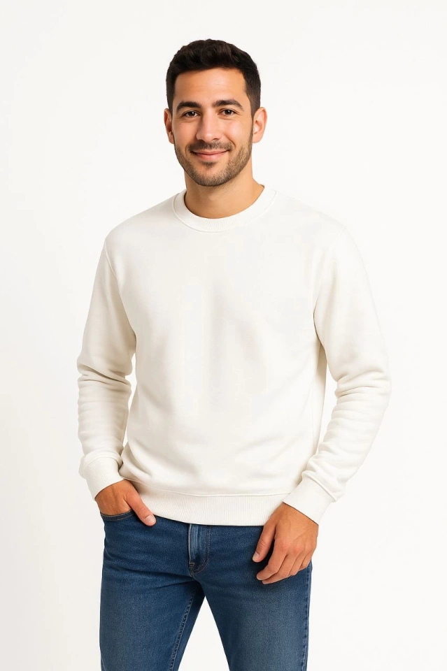 Erkek Üç İplik Düz Bisiklet Yaka SweatShirt - Beyaz