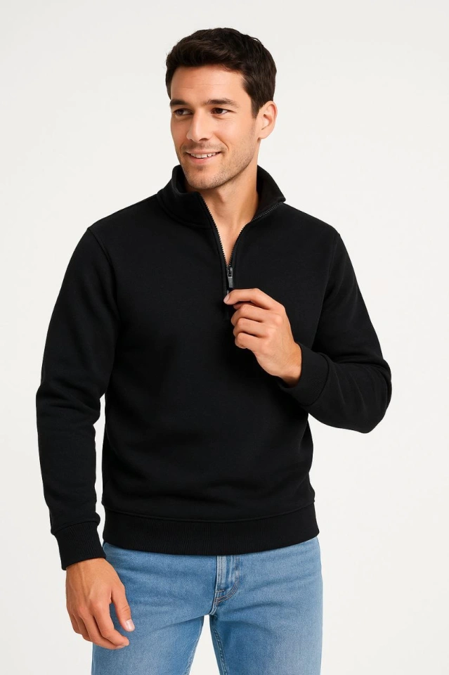 Erkek Dik Yaka Sweatshirt Dik Yaka Yarım Fermuarlı 3 İplik Şardonlu Pamuk Kumaş - Siyah