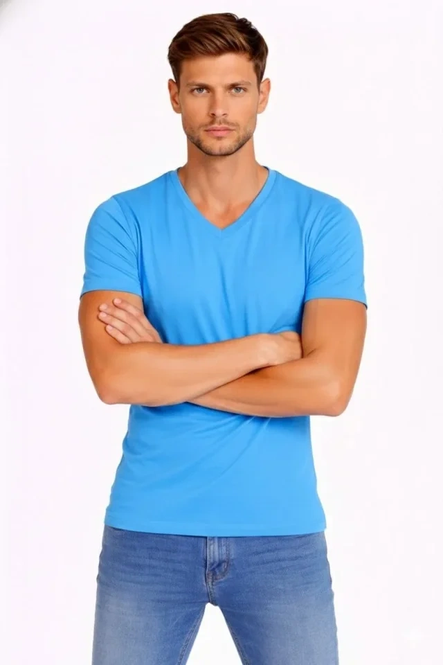 Erkek T-Shirt V Yaka Slim Fit Dar Kesim Likralı Tişört Günlük Basic Body - Açık Mavi