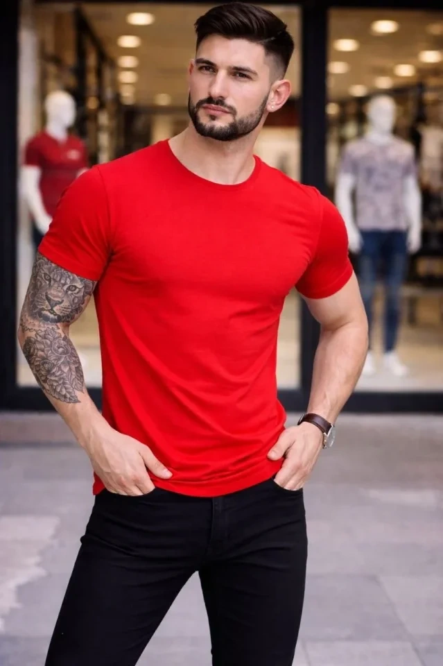Erkek T-Shirt Bisiklet Yaka Slim Fit Dar Kesim Likralı Tişört Günlük Basic Body - Kırmızı