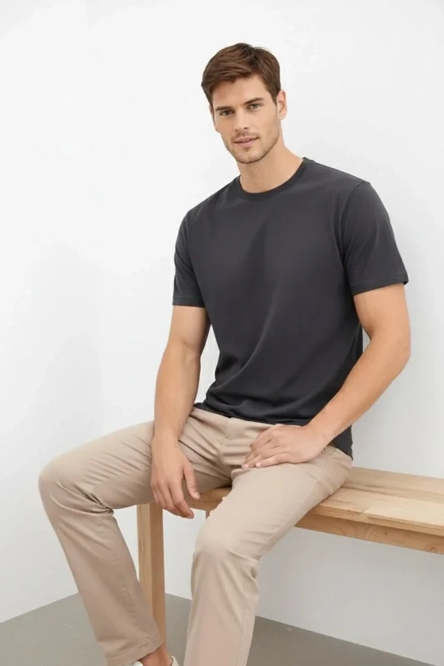 Erkek Bisiklet Yaka Tişört Regular Kalıp Basic Pamuklu Günlük Kullanım T-shirt - Füme