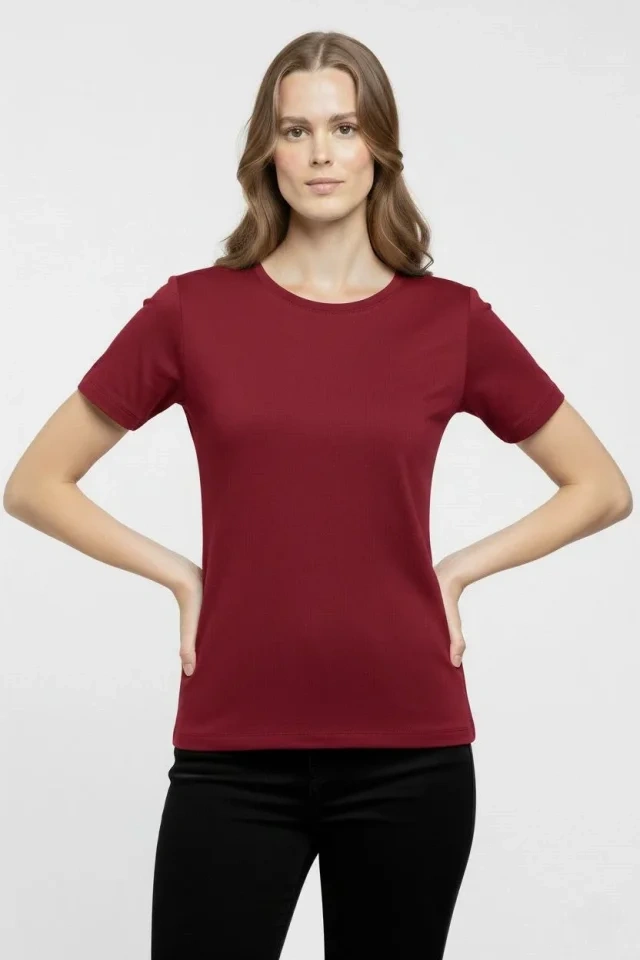 T-Shirt Bisiklet Yaka Slim Fit Likralı Tişört Günlük Basic Body - Bordo