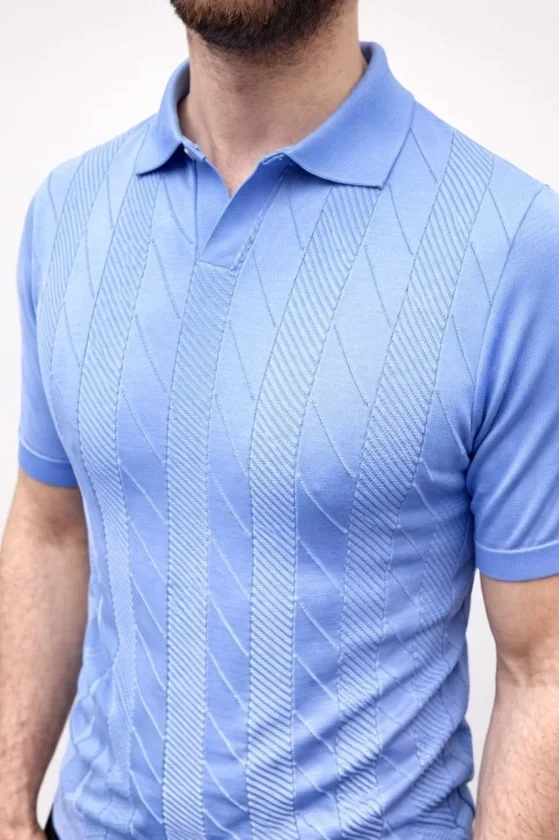 Erkek Yazlık Triko Dokuma Tişört Kısa Kol Polo Yaka T-Shirt - Bebek Mavisi