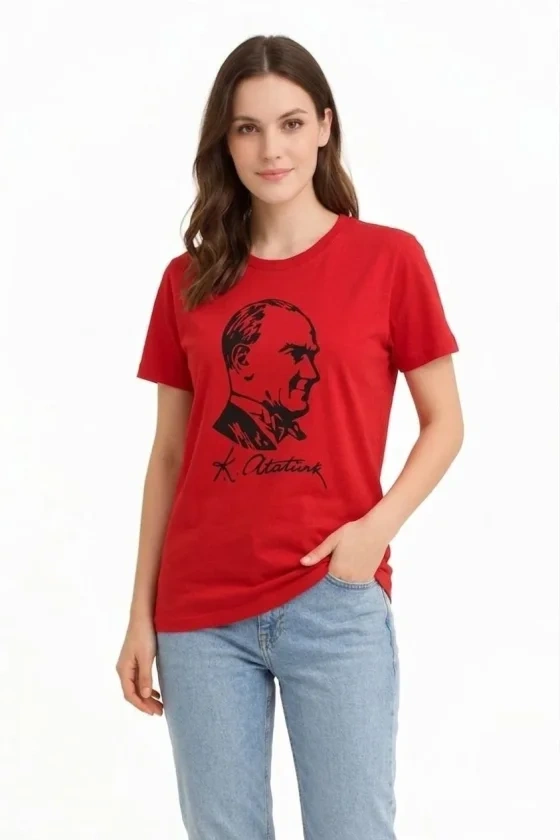 Atatürk Baskılı Tişört Kısa Kollu Bisiklet Yaka  T-Shirt - Kırmızı