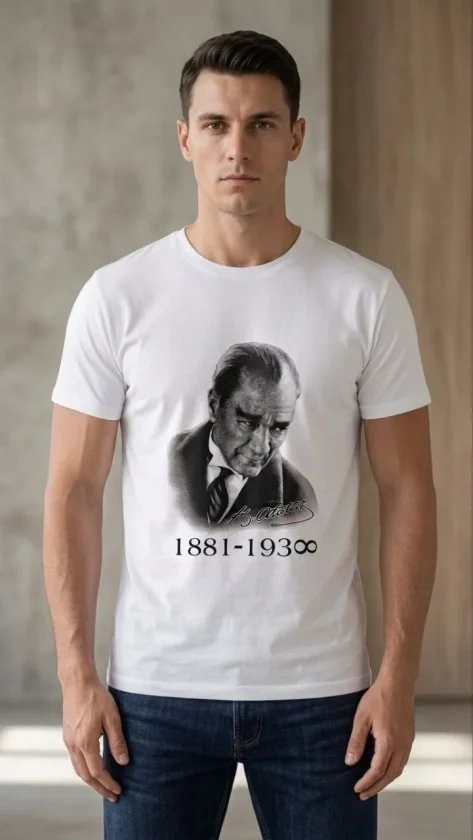 Erkek Atatürk Baskılı Tişört Kısa Kollu Bisiklet Yaka T-Shirt - Beyaz
