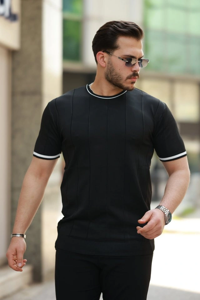 Erkek Bisiklet Yaka çizgi Desenli Ribanalı Kısa Kollu Tshirt